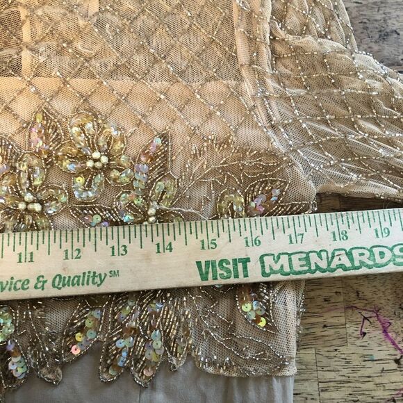 Jovani Evening Long Sleeve Beaded Illusion Beige Gatsby Deco Formal Keyhole Gown - Picture 14 of 15